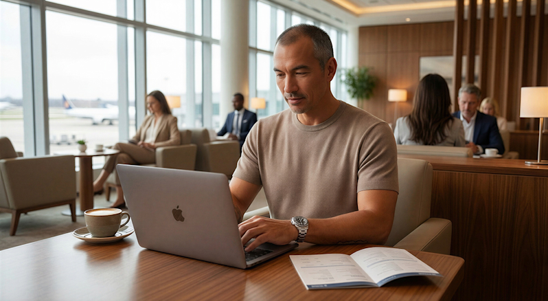 Middle-aged male corporate executive working remotely on a laptop in a premium airport departure lounge, illustrating modern digital nomad lifestyle and business travel productivity.