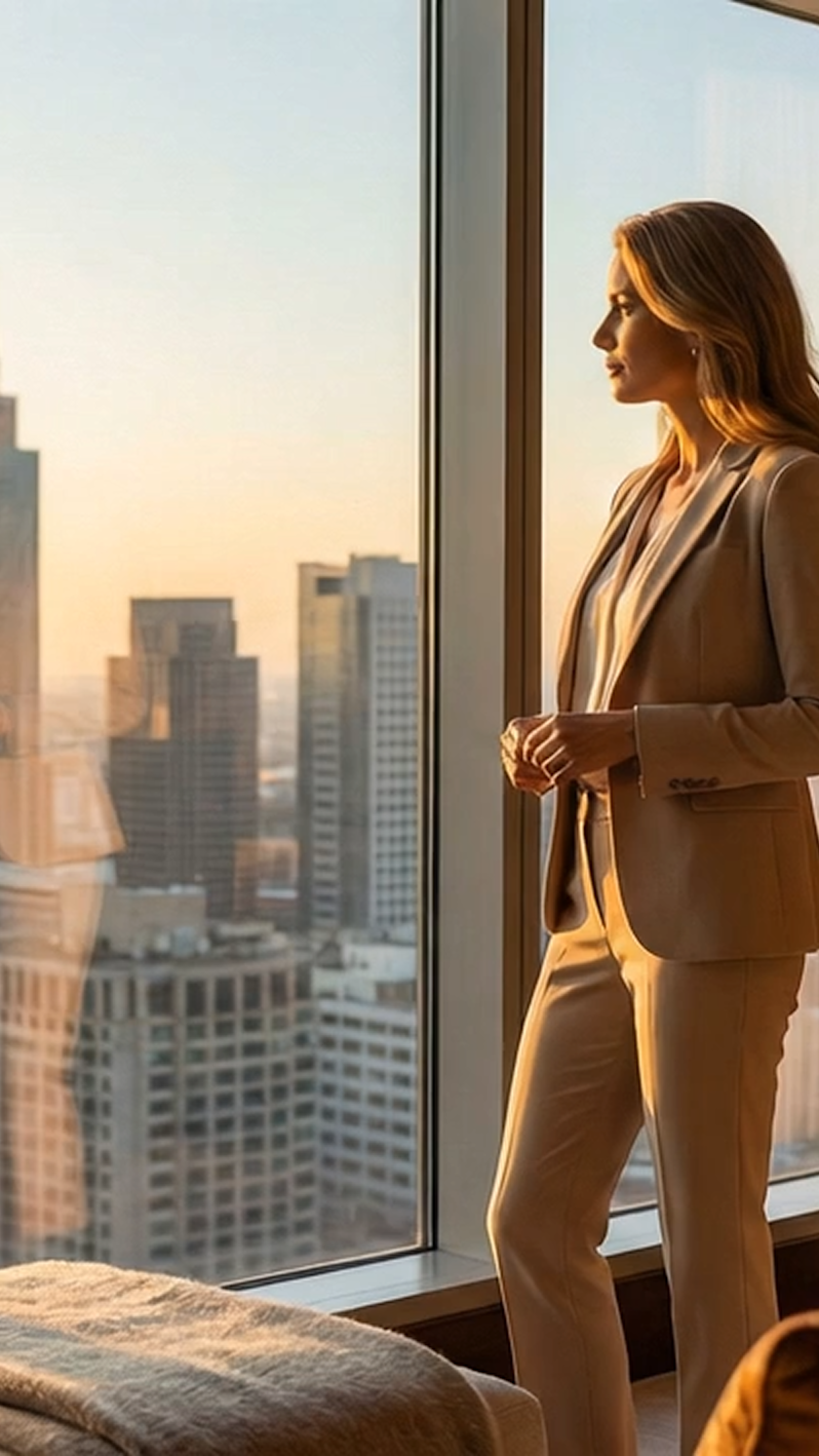 A successful female executive or real estate professional looking thoughtfully over a major city skyline from a modern high-rise penthouse office, symbolizing corporate leadership, career growth, and business strategy.