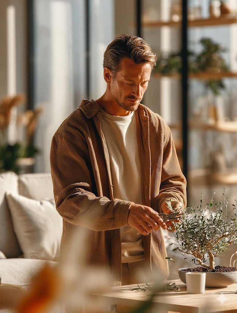 A man practicing indoor gardening and plant care at home. The image captures a relaxing hobby lifestyle, highlighting houseplant maintenance, bonsai tree cultivation, mindful weekend activities, and warm bohemian-style home aesthetics.