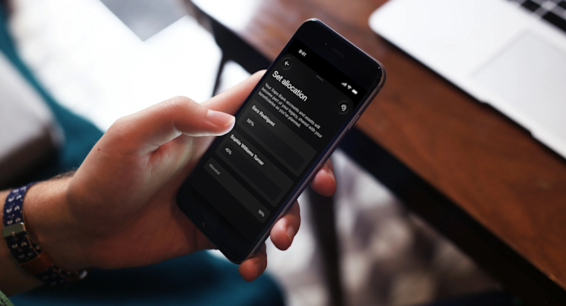 User interface design of a digital legacy feature on a mobile banking application, demonstrating how users can digitally allocate asset percentages to their chosen beneficiaries.