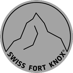 Official Swiss Fort Knox data security compliance logo badge, indicating premium Swiss data center storage, high-security infrastructure hosting, and enterprise privacy protection certification standards.