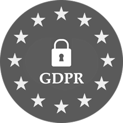 GDPR compliant data privacy verification logo badge in grey, demonstrating European Union General Data Protection Regulation compliance, user information security, and global data privacy standards.