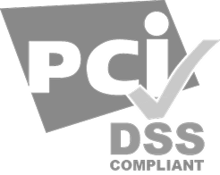 PCI DSS Compliant verification logo badge in grey, demonstrating merchant account cybersecurity, secure credit card payment processing standards, and transaction data protection compliance.