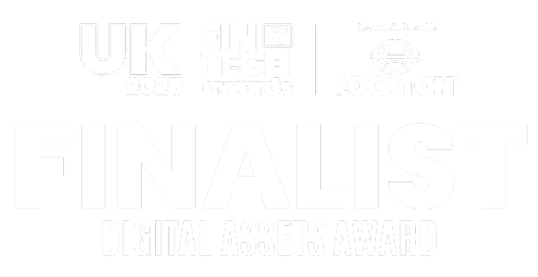 Official finalist badge for the UK FinTech Awards 2026 Digital Assets Award category, sponsored by Lockton. The graphic represents industry recognition, corporate excellence, blockchain financial technology innovation, and institutional trust.