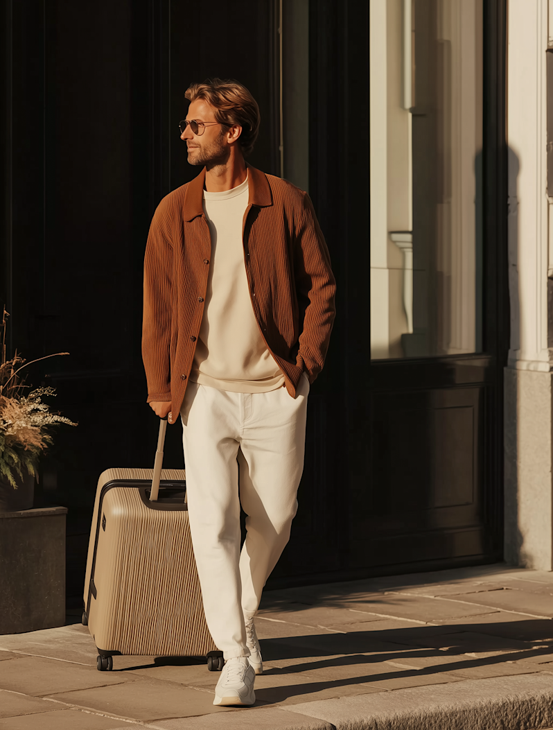 A handsome male traveler walking with premium hardside rolling luggage outside a boutique hotel. The image highlights sophisticated airport leisure fashion trends, including earthy tones, smart-casual tailoring, and luxury jet-set lifestyle aesthetics.